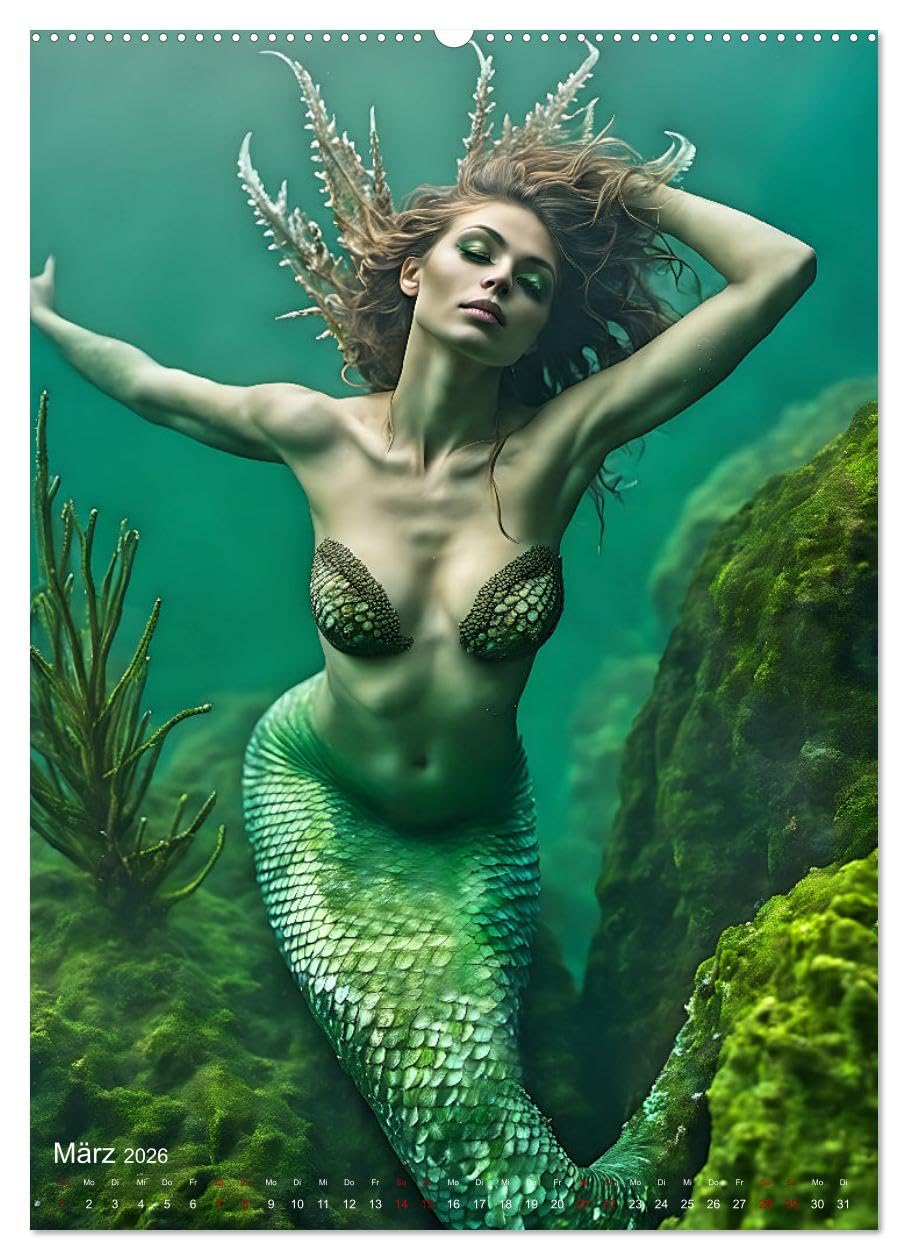 Verführerische Meerjungfrauen (Wandkalender 2026 DIN A2 hoch), CALVENDO Monatskalender: Traumhafte Bilder zauberhafter Wassernixen in einer märchenhaften Unterwasserwelt (CALVENDO Kunst)