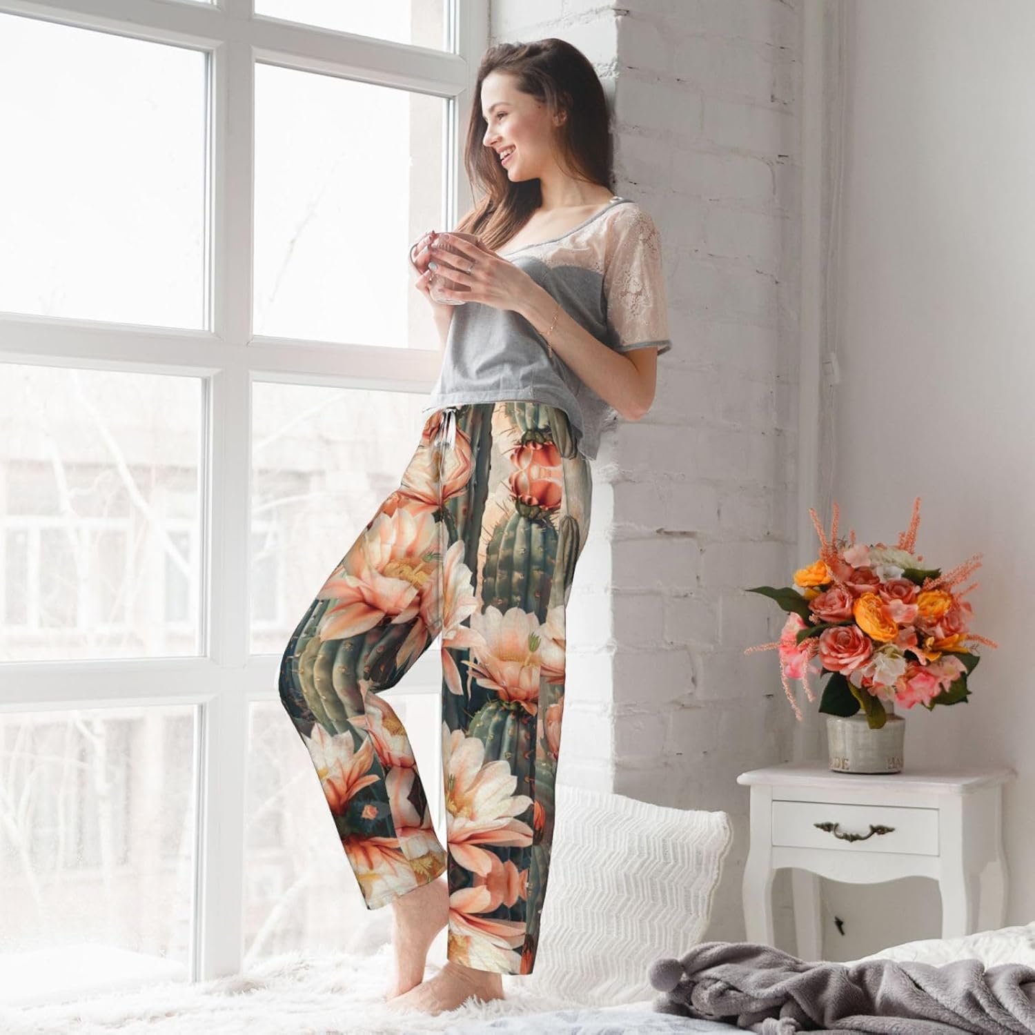 Cactus Floral Bloom Print Cozy Christmas Pajama Pants,Flannel Pajama Bottoms,Cater To Various Body Types
