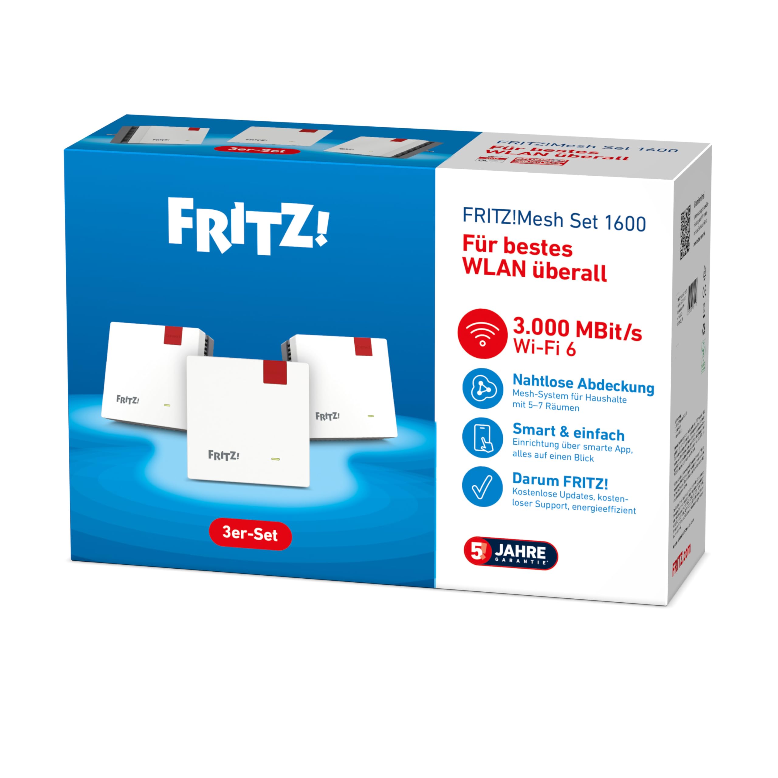 Fritz!Mesh Set 1600 3er-Set (3X Fritz!Repeater, ideal für Internetrouter oder Glasfasermodem (ONT), WLAN-Abdeckung für 5-7 Räume, Wi-Fi 6 mit bis zu 3.000 MBit/s, deutschsprachige Version)
