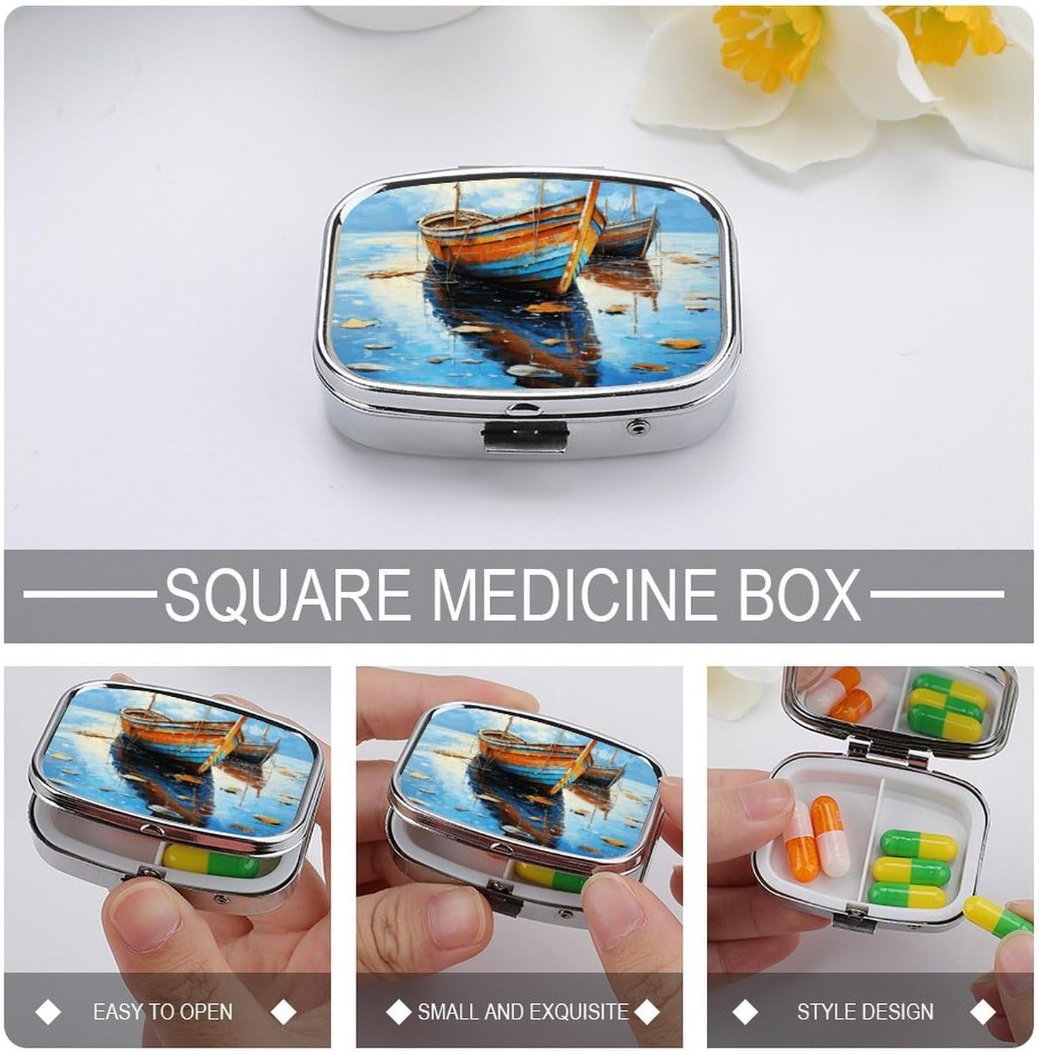 Boats and Sea Oil Paintings Square Pill Case, Metal Pill Organizer image 4