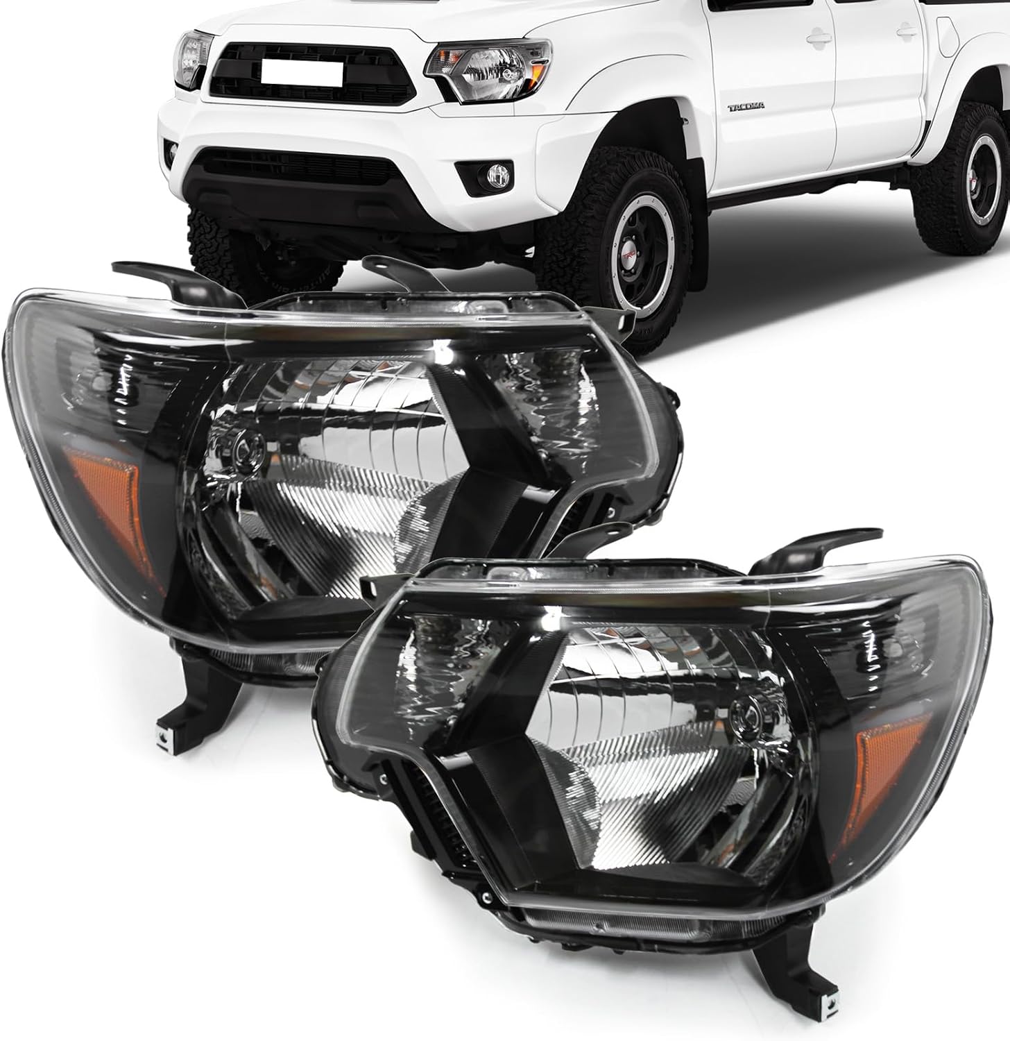 Headlight Assembly Compatible with 2012-2015 Toyota Tacoma 2012 2013 2014 2015 Headlights,Halogen Headlamp Replacement Driver Passenger Side Chrome Housing Amber Reflector TO2502213 TO2503213 No Bulbs