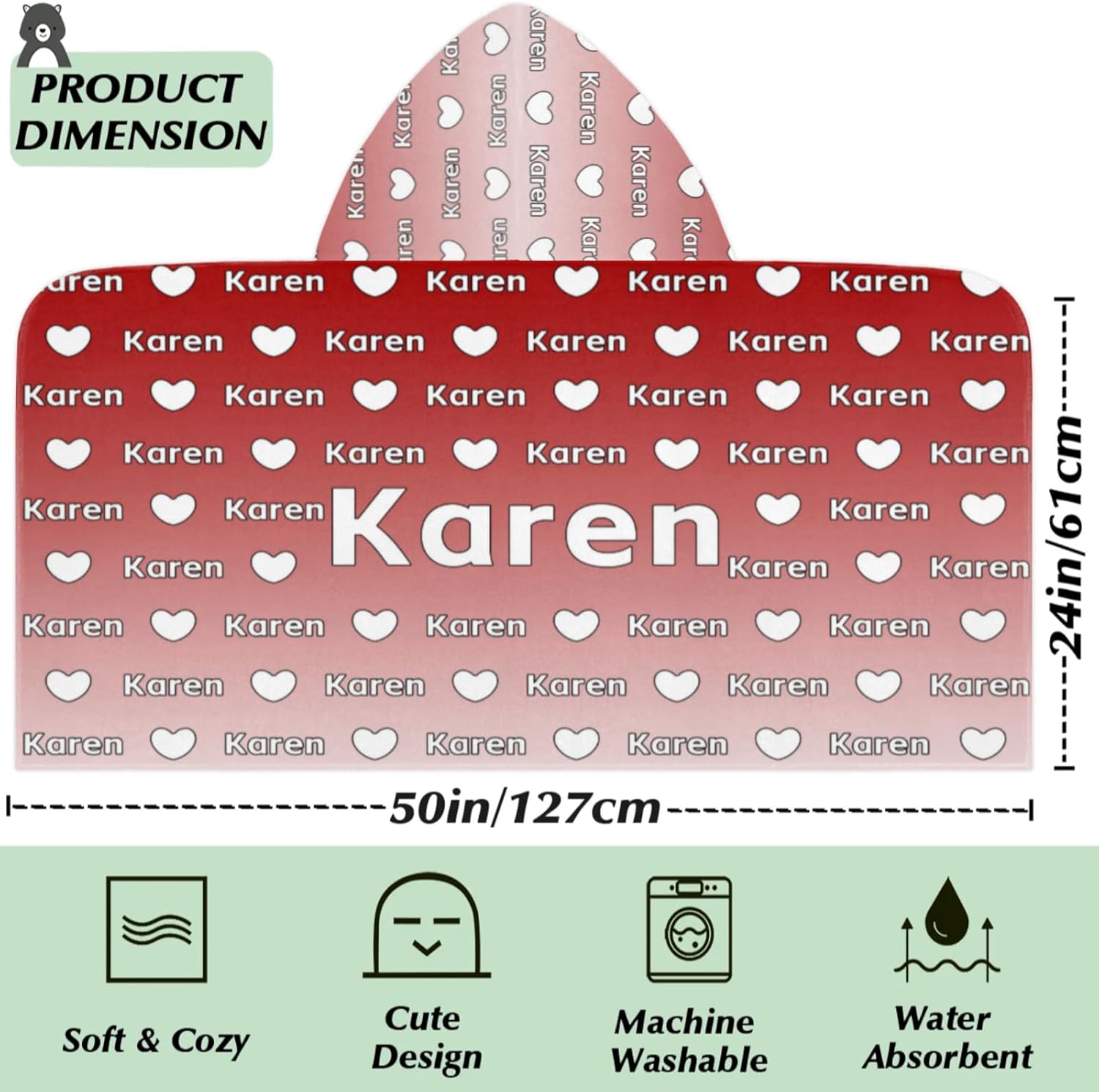 Custom Name Beach Towel with Hood for 3-10 Years Boys and Girls, Deep Red Gradient Personalized Hooded Towels Bath Robe for Kids, Children's Hooded Bath Towel