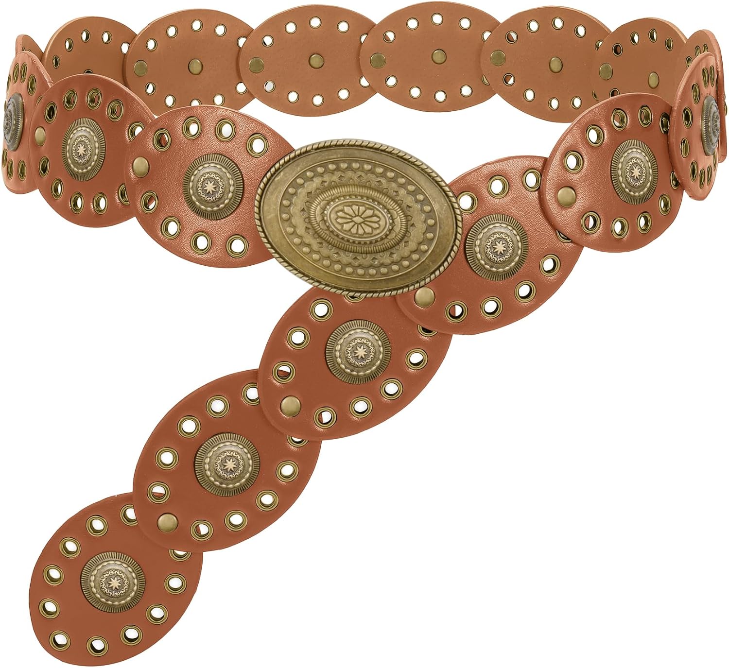 WHIPPY Women Disc Concho Leather Belt Western Cowgirl Hollow Belt Vintage Boho Oval Waist Belt for Music Festival Dress Jeans