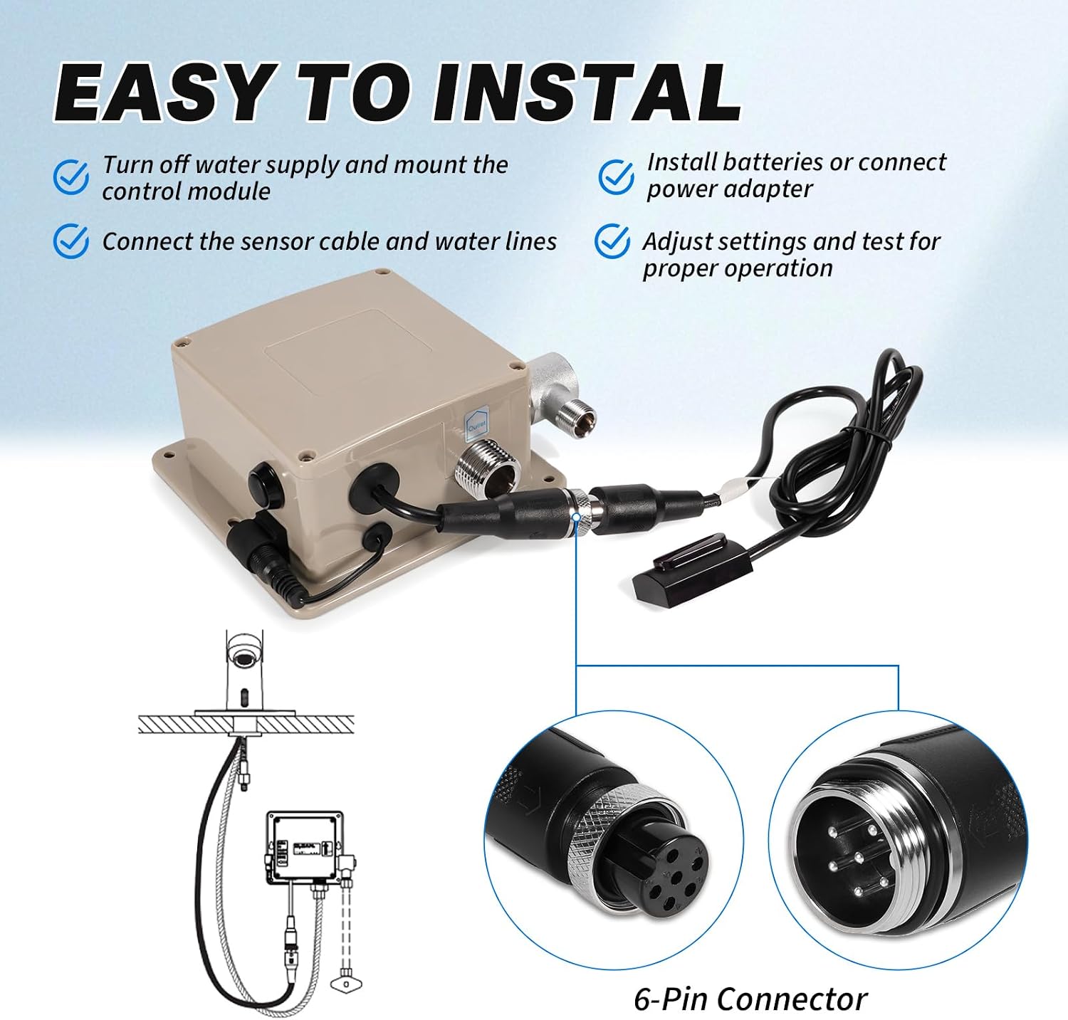SFP-41-A Faucet Sensor and SFP-40-A Control Module Assembly Compatible with Sloan SF Series SF2100 2150 2200 2250 2300 2350 2400 2450 Electronic Faucets, 6VDC 6 Pin Connector