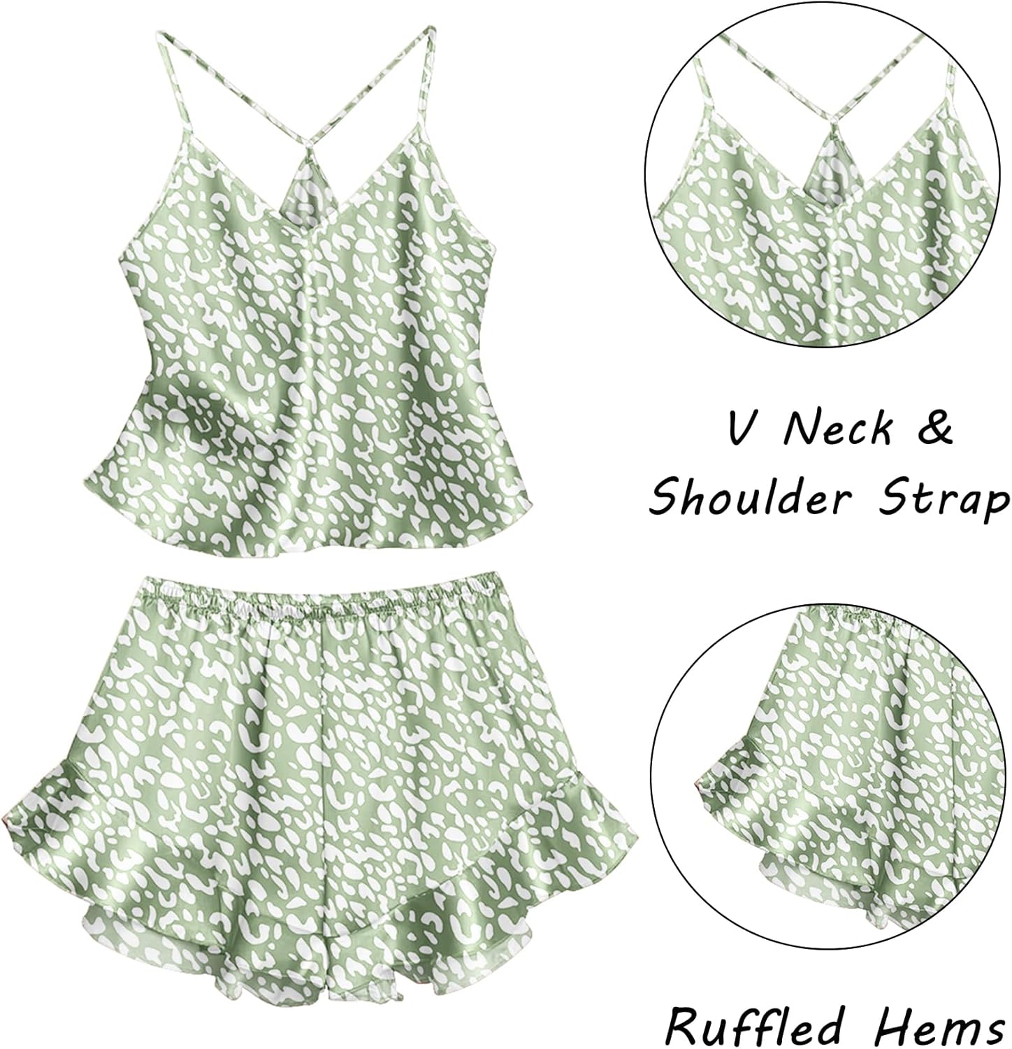 Ekouaer Satin Pajama Set for Women 2 Piece Camisole Top and Shorts Silk Lingerie with Ruffle Floral Nightwear - Image 4