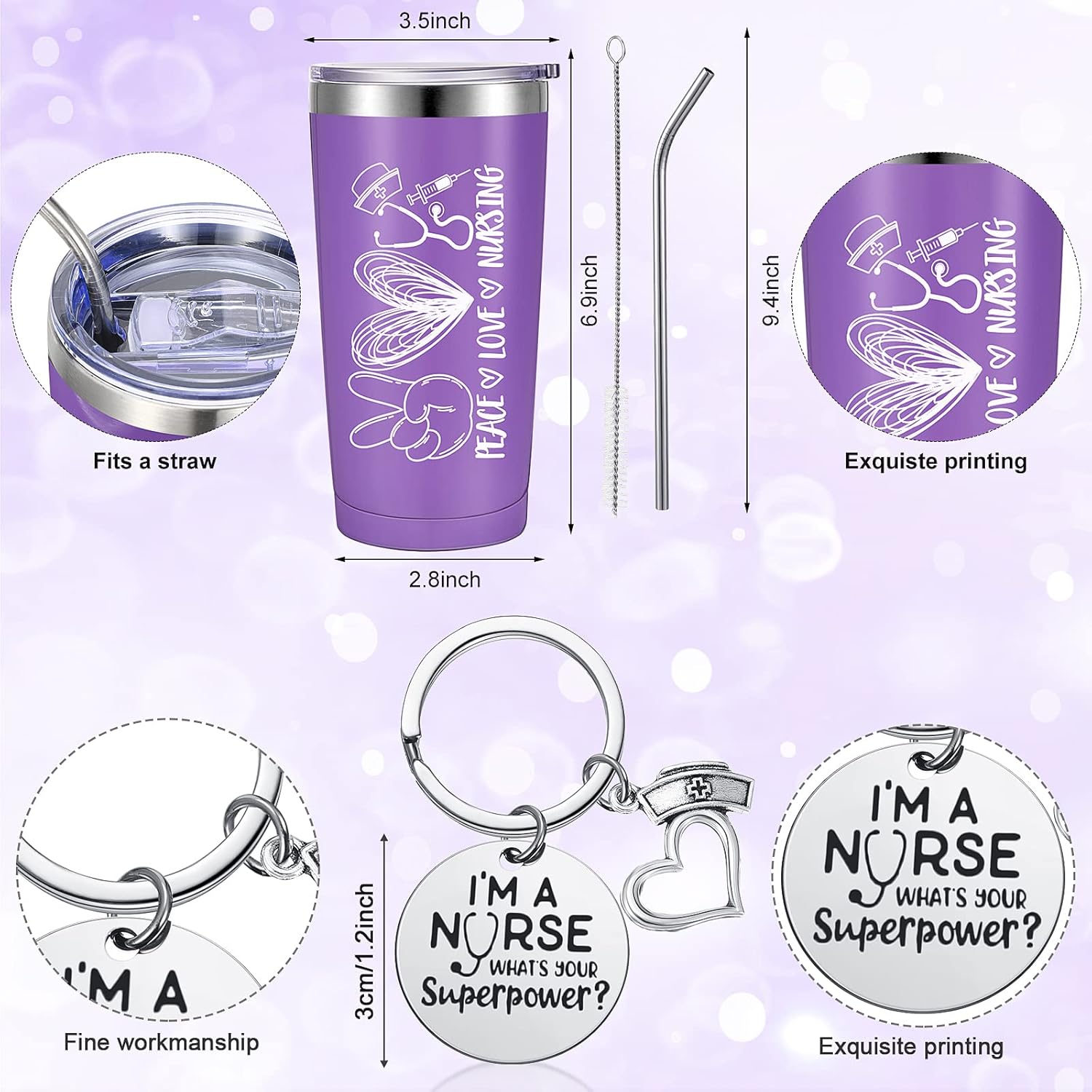 Coume 4 Pcs Christmas Nurse Gifts for Women Peace Love Nursing Appreciation Gift Set Include Tote Bag Stethoscope Case Tumbler Keychain for RN, NICU, Practitioner, Nurses Week, Graduation(Purple) - Image 2