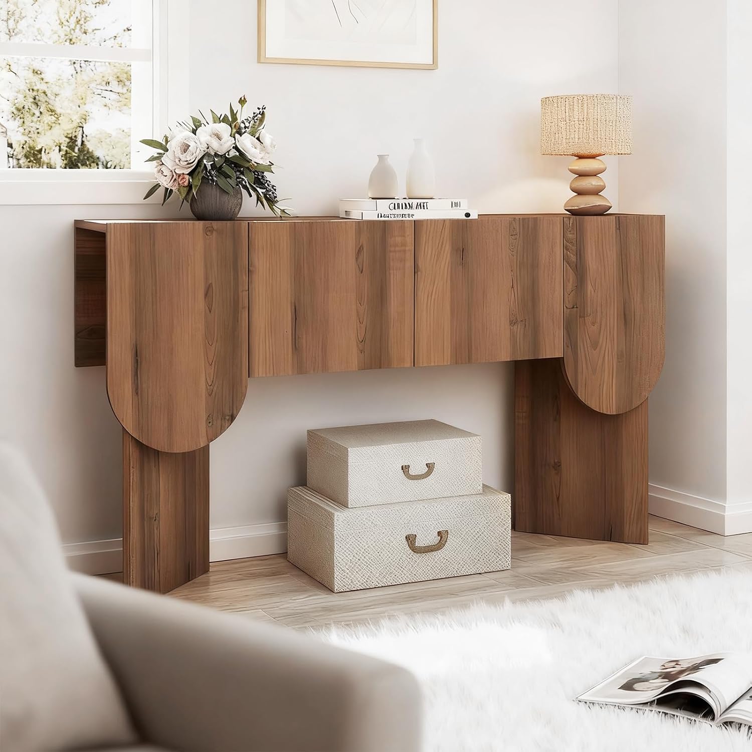 Solid Wood Console Table, Narrow Entryway Table with 2 Storage Doors, Modern Couch Sofa Shelves Small Entry Way Tables for Entryway, Front Hall, Hallway (Walnut, 47.24IN)