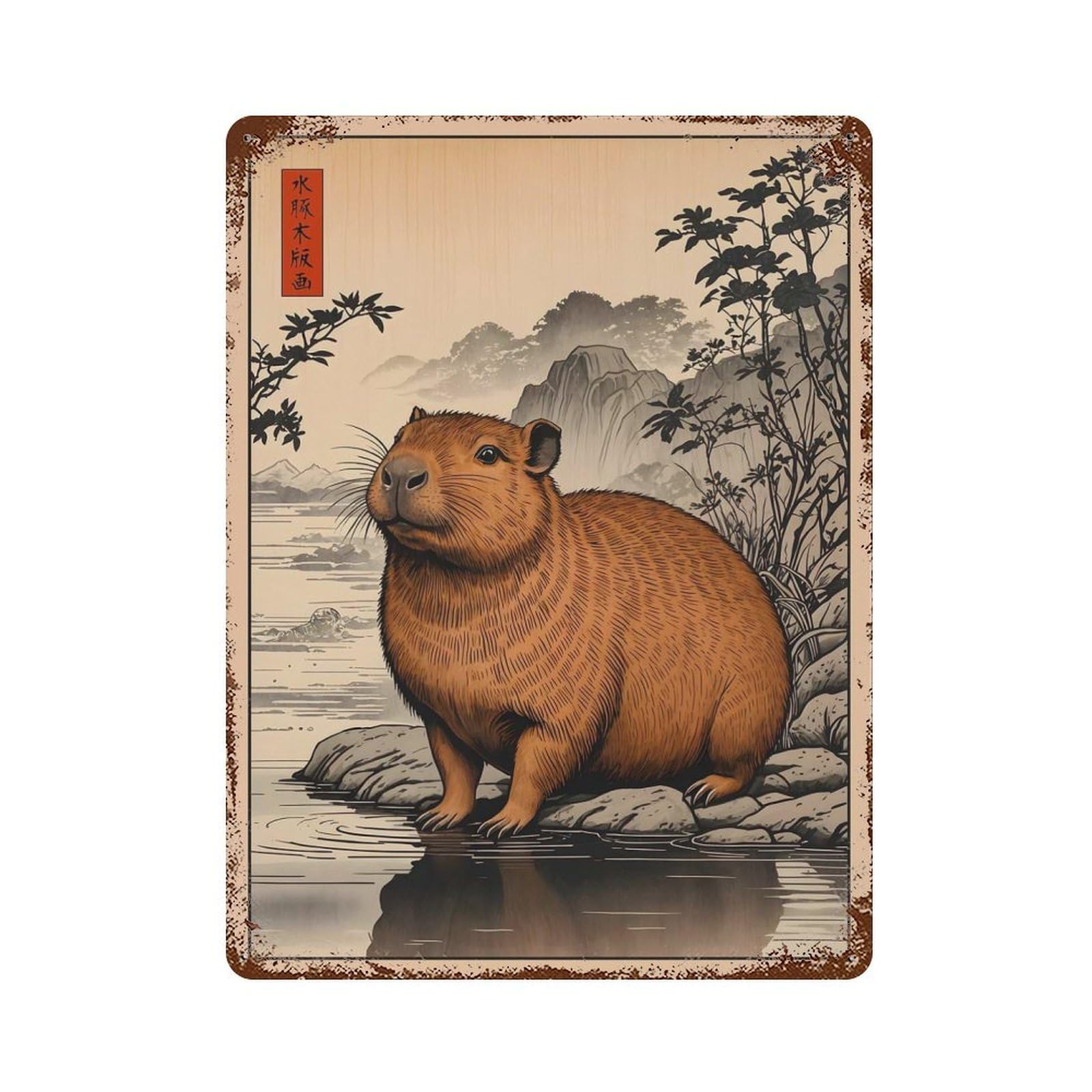 Capybara Japan Vintage Rustic Tin Plaque 15.7"x11.8", for Shed, Workshop And Garage Wall Decor, Rustic Home Decor