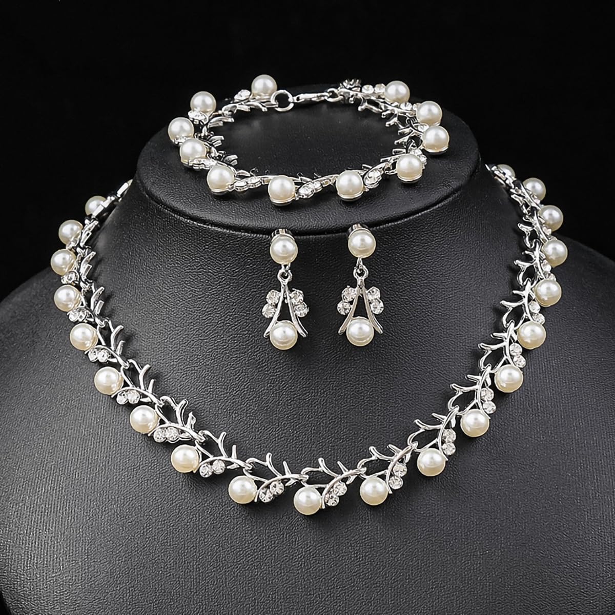 Rrdaily Rhinestone Pearl Wedding Jewelry Set for Bride Bridesmaid Bohemia Adjustable Beaded Crystal Bracelet Necklace Exaggerated Pearl Earring Set for Women
