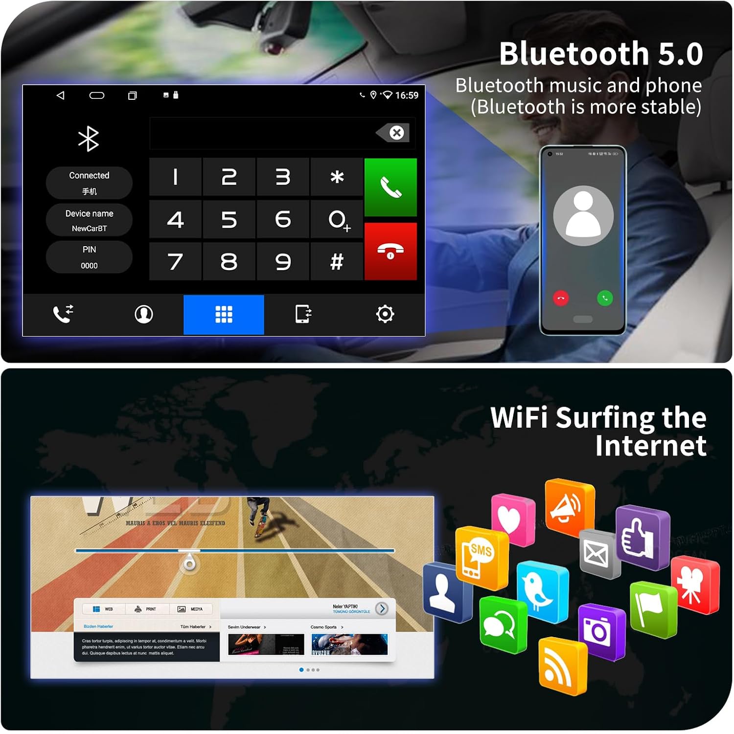 KiriNavi car radio screen showing split-screen mode with video playing on one side and a map on the other.