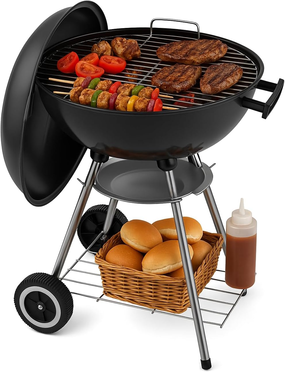 22 Inch Portable Charcoal Grill with Wheels for Outdoor Cooking Barbecue Camping BBQ Coal Kettle Grill - Heavy Duty Round with Thickened Grilling Bowl Wheels for Small Patio Backyard