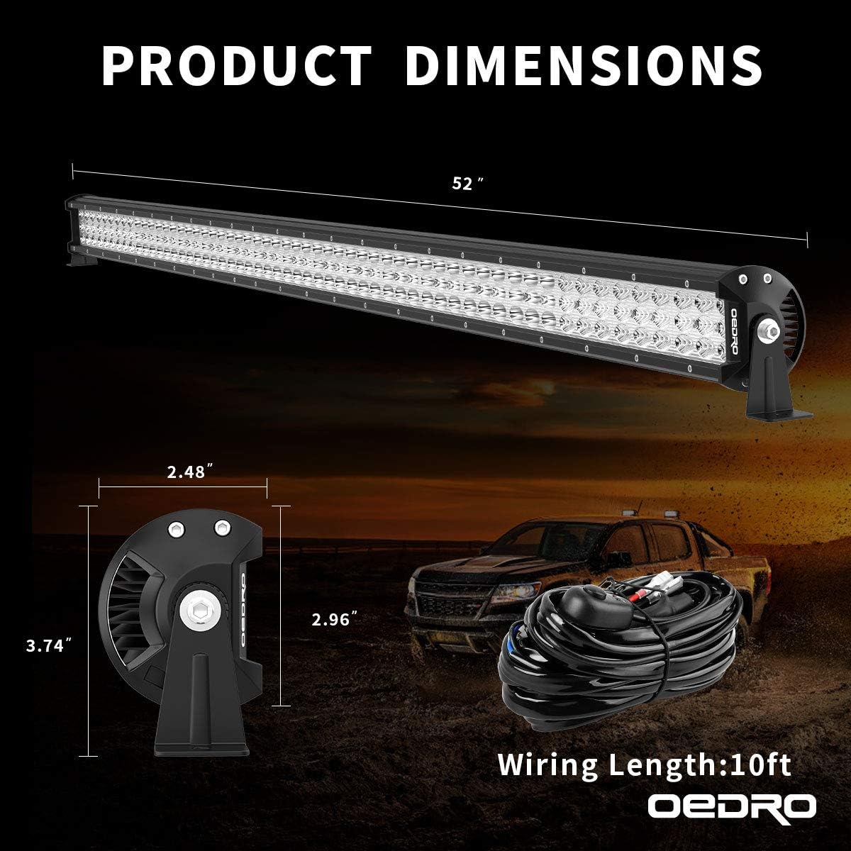 OEDRO LED Light Bar Tri-Row 52 Inch 758W Combo Off Road Lights Driving Fog Light Work Lamp + Upper Roof Windshield Mounting Bracket Compatible with 2007-2018 Jeep JK Wrangler + Wiring Harness