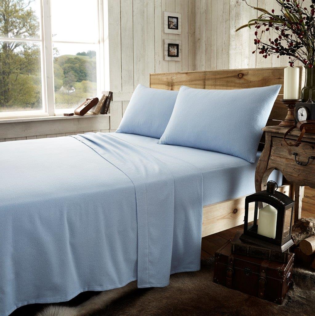 NZ Plain Flannelette Full Sheet Sets 100% Brushed Cotton Thermal Super Soft Cosy Warm Fitted and Flat Sheet Sets With Pillowcases (Double, Blue)