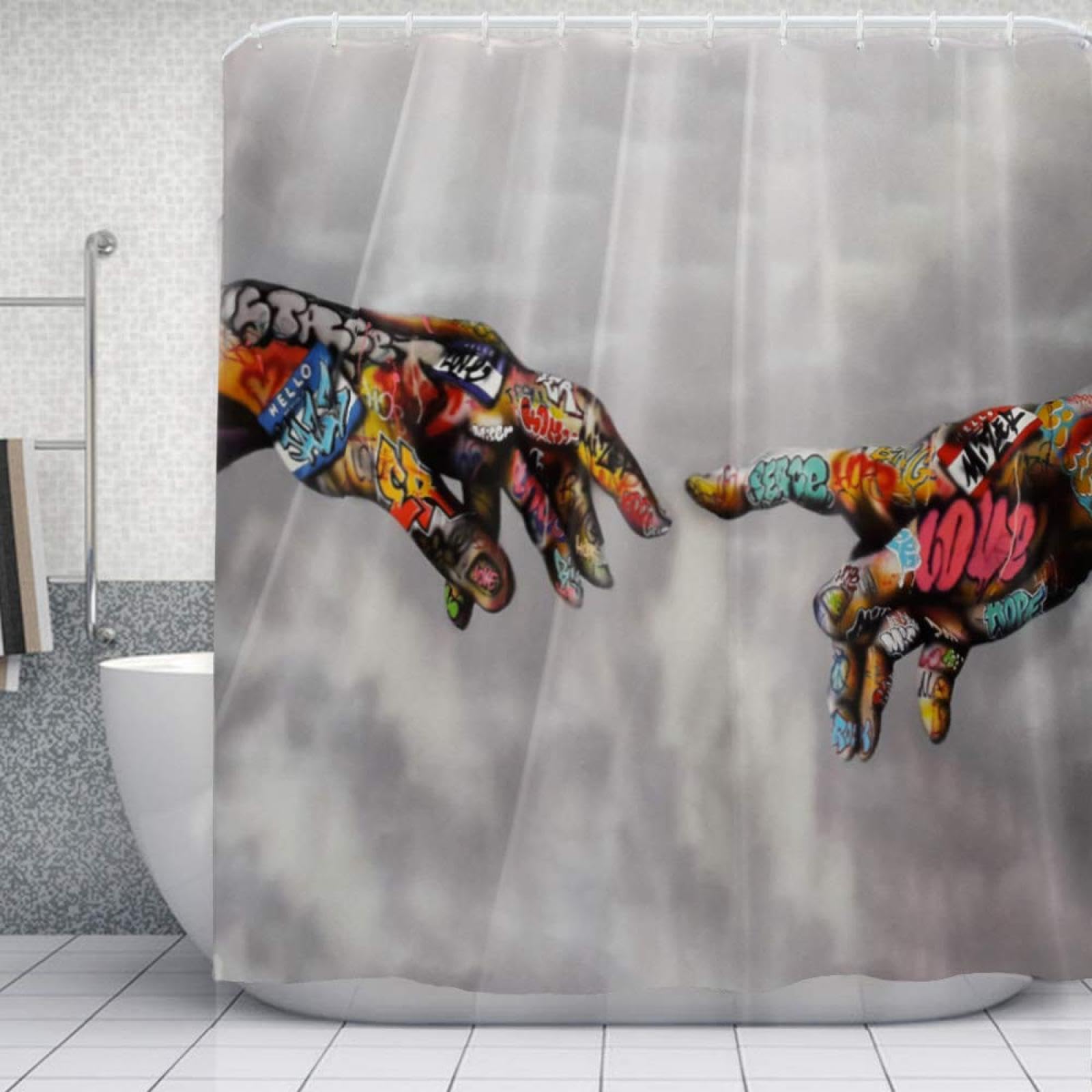 UIYIUI Abstract Banksy-Hands of God Gray Shower Curtain for Bathroom 36x72in-92x182cm Colorful Graffiti Watercolor Art Waterproof Fabric Home Bathroom Bathtubs Decor for Kids Teen with Hooks