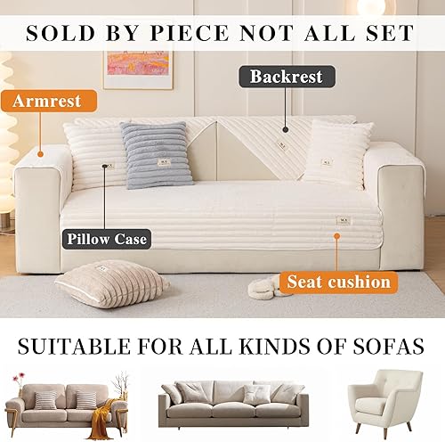 Miniatura 8 de Funda para sofá de piel sintética, antideslizante y a rayas, funda de sofá de felpa de conejo (blanco, 36 x 70 pulgadas, funda de sofá de 3 plazas)