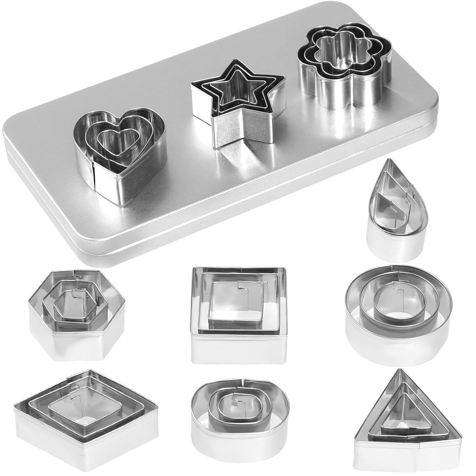 Mini Cookie Cutters Set, 30Pcs Small Metal Flower Square Heart Round Square Star Triangle Oval Diamond Hexagon Shapes Cookie Cutters for Biscuit Cutter, Fruit Cutter