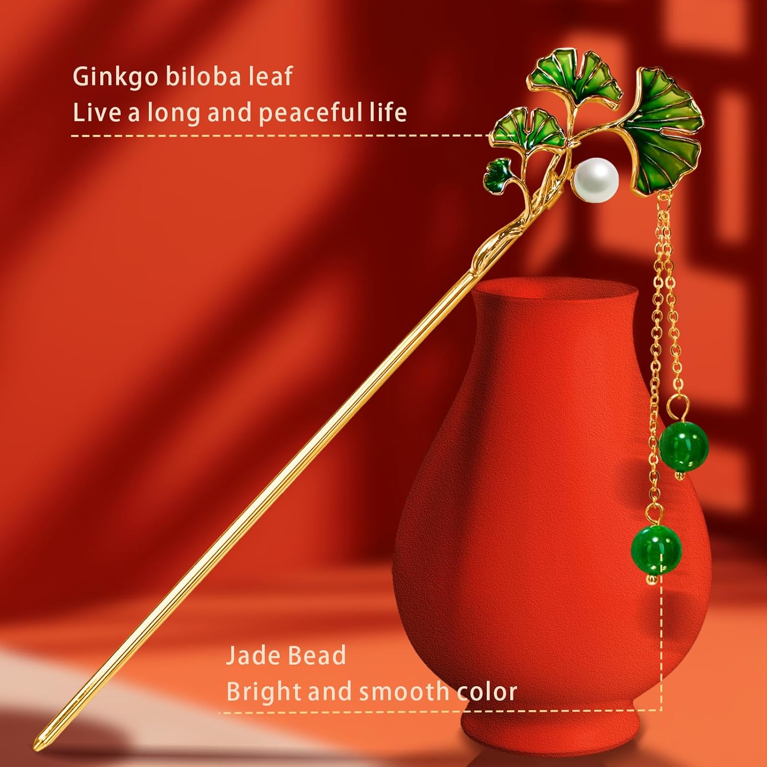 Hair Accessories，14k Gold Plated Copper， Vintage Handcrafted， Colour Enamels Ginkgo Leaf Jade Bead Tassels Hair Stick，Hair Clip. 6.69" Hair Chopsticks For Women