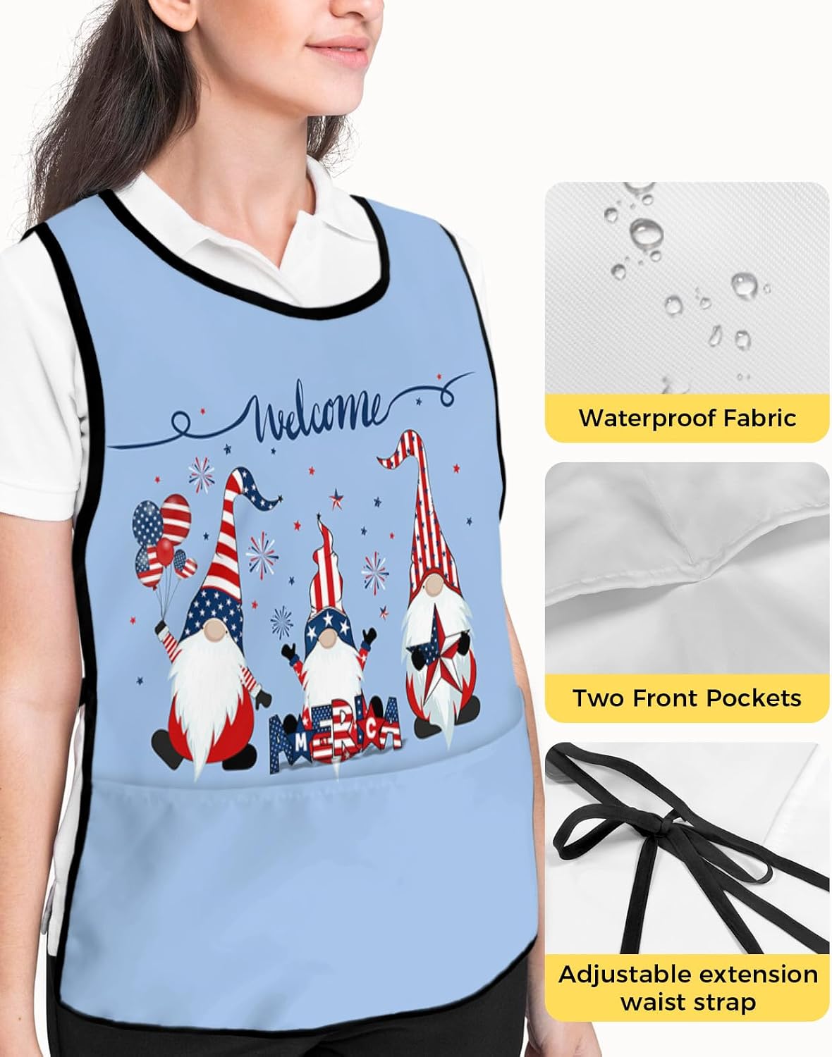 Unisex Cobbler Apron with 2 Pockets, Independence Day Gnome Welcome Blue Waterproof Vest Kitchen Chef Apron, Smock Apron Vest Cobbler Aprons for Women Men, 2 Pack, 20” x 31.5”