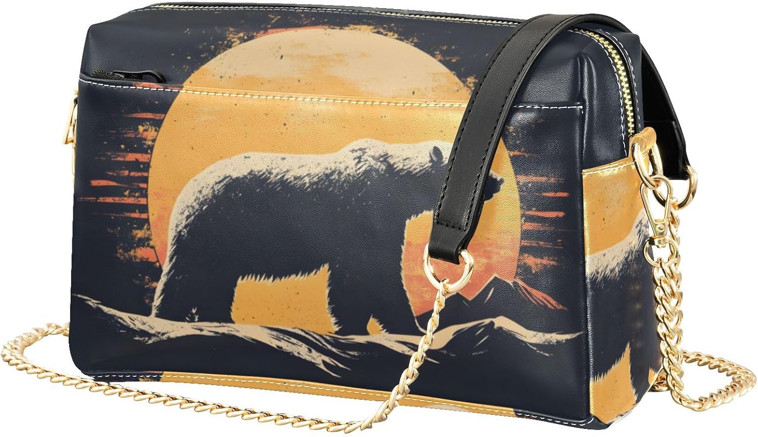 Post Bear Silhouettes Women's PU Leather Crossbody Bag Shoulder Handbag Cellphone Purse with Metal Chain Strap Water Resistant Zipper Closure