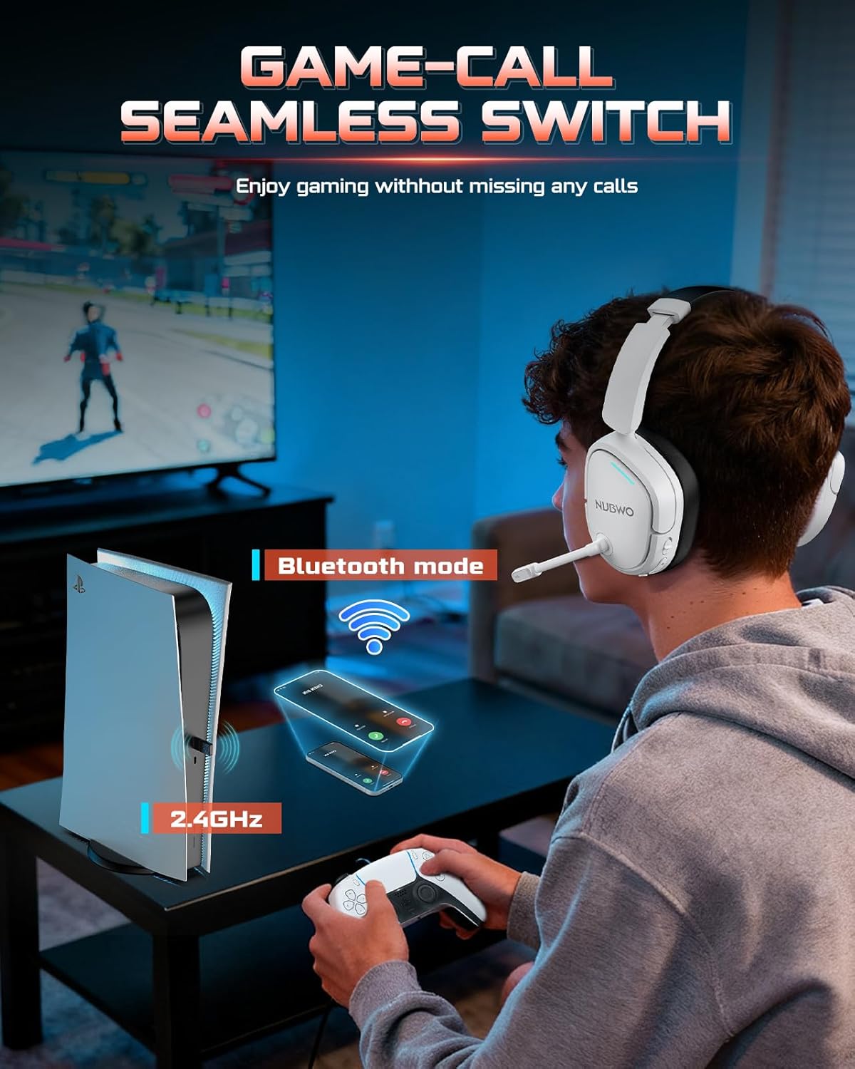 NUBWO Gaming Headset Wireless for PS5, PC, PS4 - Dual 2.4G & Bluetooth Simultaneous Headphones, EQ Sound Modes, Noise-Canceling Mic, 50-Hour Battery, Comfortable Foldable Design, 270g Lightweight - Image 3