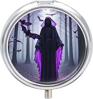 Pill Box 3 Compartment Metal Medicine Pill Organizer Purple Black Goth Spooky Pill Case for Purse Or Pocket Cute Mini Portable Pill Holder Travel Pill Container to Hold Supplements, Vitamins, Fish Oil