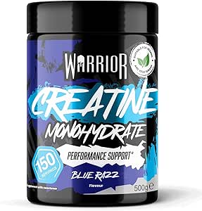 Warrior Flavoured Creatine Monohydrate Powder 500g (150 Servings) – Creatine Powder Drink, Creatine for Performance, Strength & Recovery (Not Creatine Gummies or Tablets) – Blue Razz
