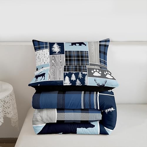 Miniatura 7 de Edredón de oso de caza, ciervo, juego de edredón a cuadros de búfalo de Navidad, tamaño individual, juegos de edredón de retazos de cabaña rústica