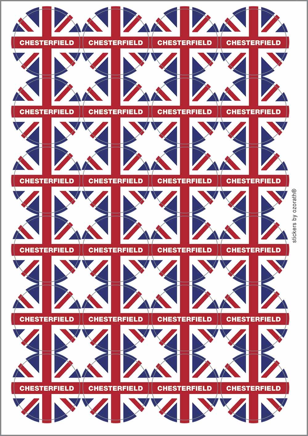 Chesterfield Union Jack Circular Matt Paper Stickers A4 Sheet of 24 (Each Sticker is 45mm Diameter)