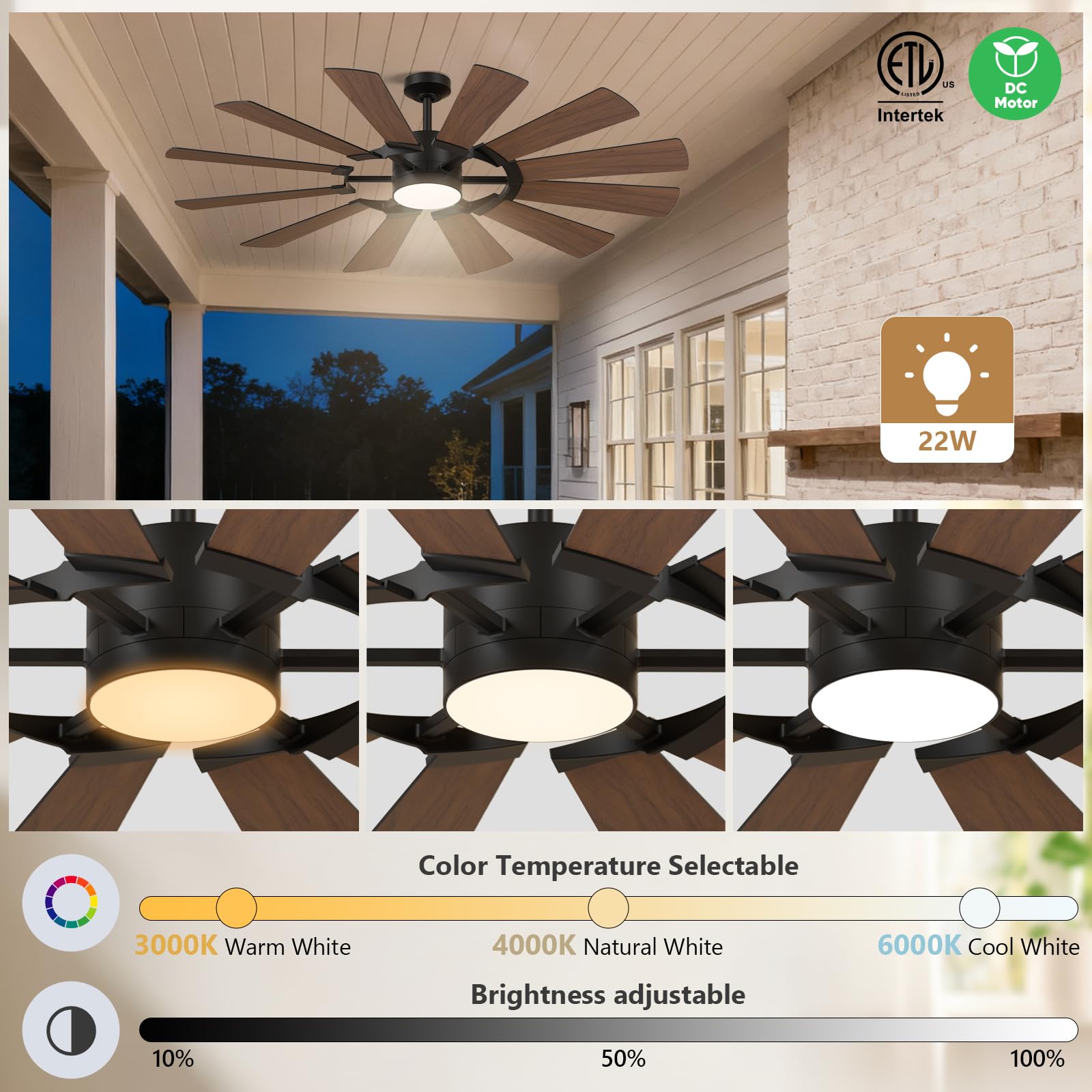 62 Outdoor Farmhouse Ceiling Fan with Lights 12 Blades Dual-Finish Wind Mill Fan 3 Downrods 6-Speed Reversible DC — view 5