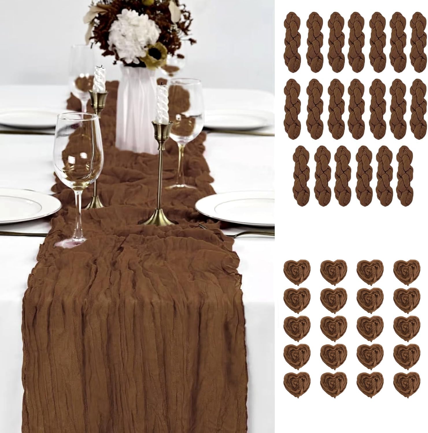 20 PCS Brown Cheesecloth Table Runner 10ft Boho Gauze Fabric Cheese Cloth Table Runner Comes with 20 Cloth Napkins Runner for Romantic Wedding Birthday Shower Party Table Decoration 20 Pack Brown