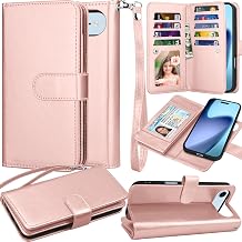 Wallet Case for iPhone 17 Air, for iPhone 17 Air Case, PU Leather Credit Card Holder Phone Case [9 Card Slots] Folio Flip Detachable Magnetic Cover Kickstand & Carrying Wrist Strap, Rose Gold
