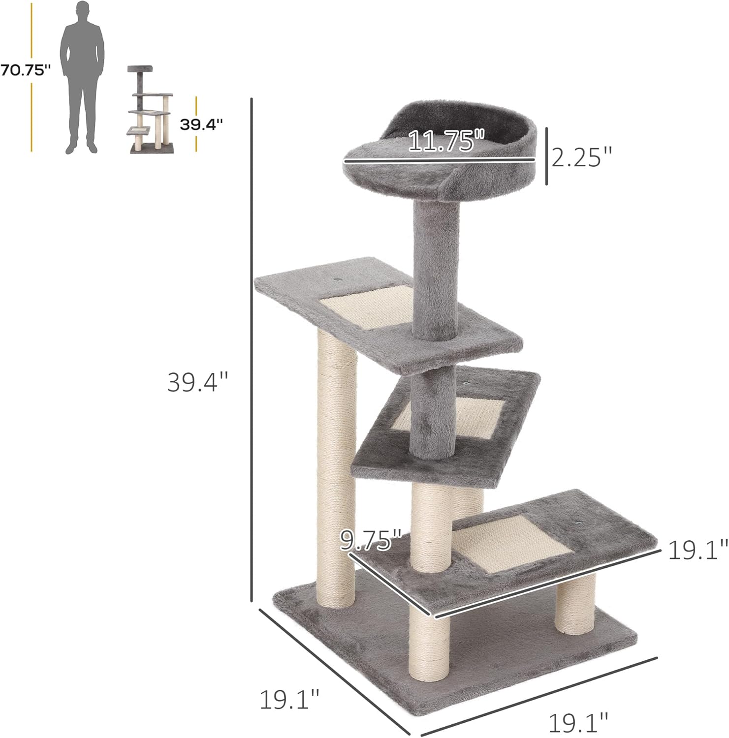 PawHut 40" 5-Level Revolving Stair Cat Tree Scratcher Climbing Activity Tower with Play Center and Resting Perch, Grey