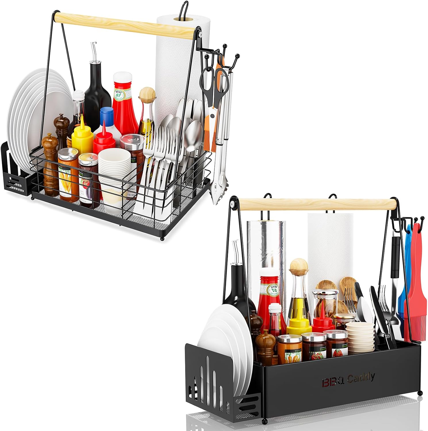 Grill Caddy, BBQ Caddy for Outdoor Grill with 2 Paper Towel Holders, Picnic Condiment Utensil Caddy for Outdoor Camping Accessories, RV Patio Camper Must, Grilling Gifts for Men