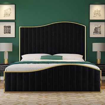HOWE Queen Size Harp Bed Frame with 61.4" Extra Tall Curved Headboard, Velvet Upholstered Platform Bed with Gold Trim Accented Footboard, No Box Spring Needed, Wooden Slat Support, Black