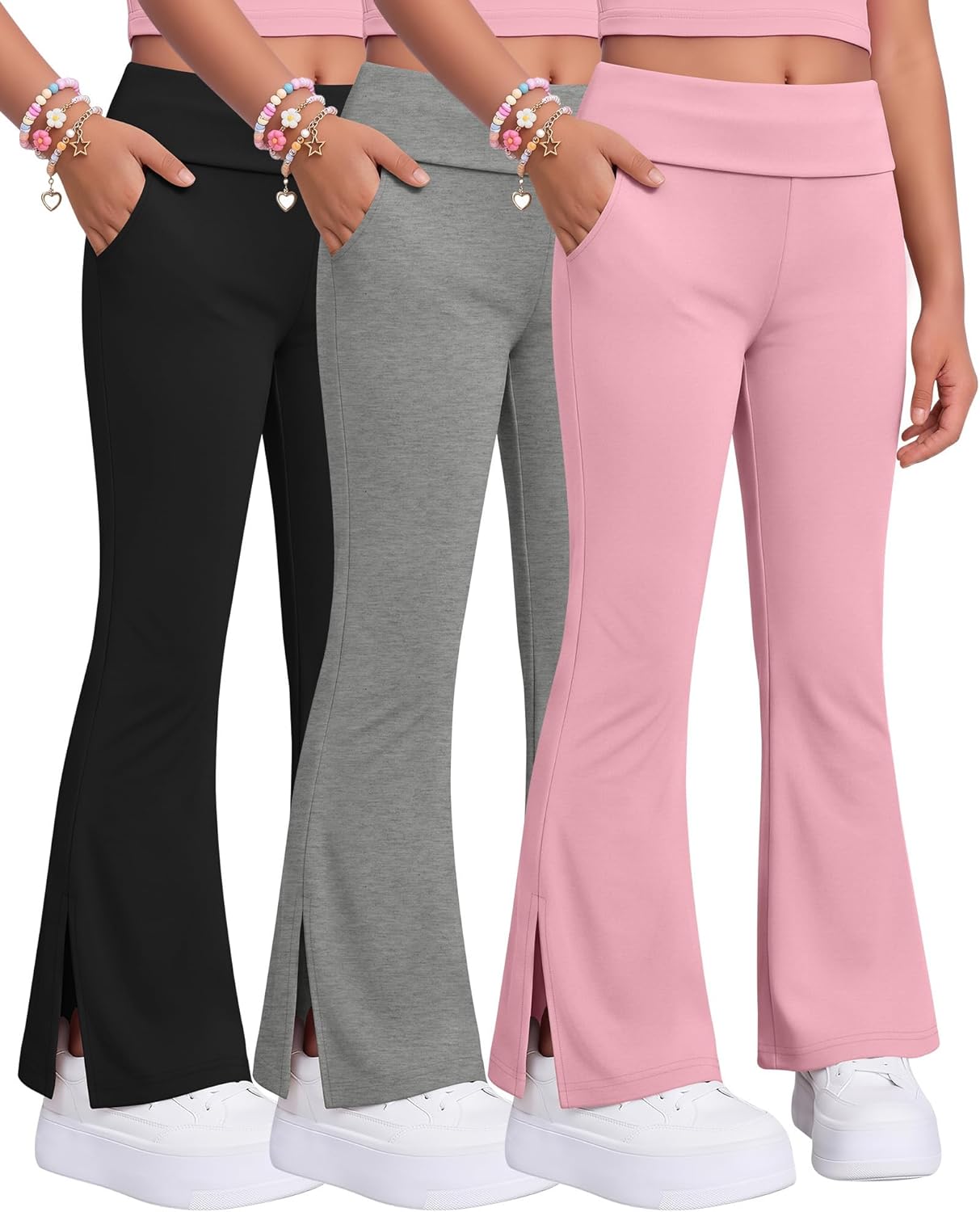 3 Pack Girls Flare Leggings Kids Foldover Waist Split Hem Bell Bottoms Bootcut Dance Yoga Casual Pants with Pocket