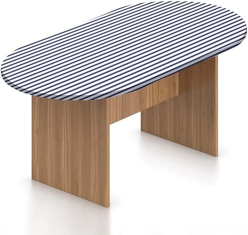 Mantel ovalado ajustable de poliéster con bordes elásticos a rayas de puerto, protector de mesa ajustable con patrón de rayas náuticas horizontales,