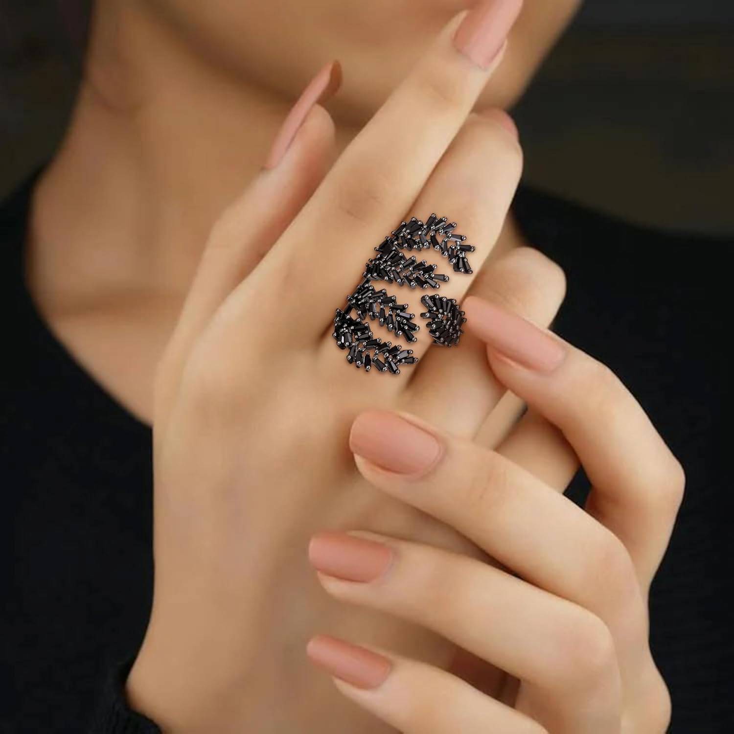 EVER FAITH Fashion Cocktail Statement Rings Black Cubic Zirconia Gothic Crystal Costume Adjustable Ring for Party Prom Delicate Free Size Finger Jewelry Accessories for Women - Image 2