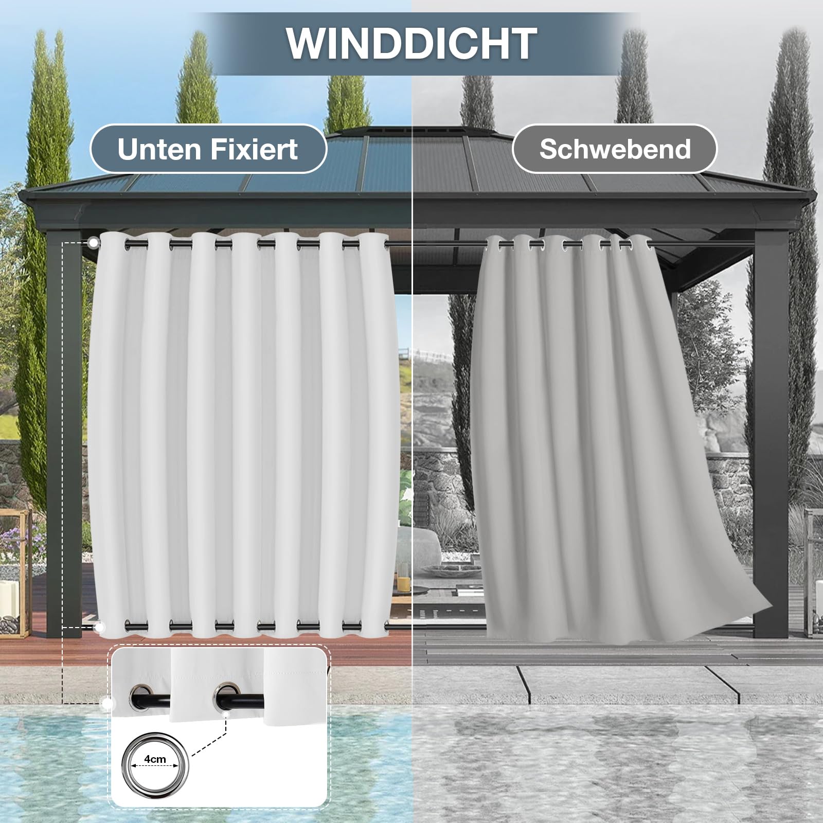 Outdoor Vorhang Wetterfest B254xH274CM, Wasserdicht Outdoorvorhänge mit Ösen, Aussen Gardinen Winddicht Sonnenschutz Sichtschutz für Garten Terrasse Balkon Pergola Pavillon (Grauweiß)