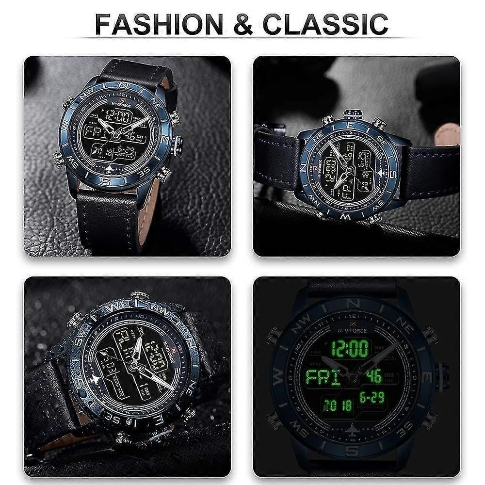 Reloj deportivo impermeable para hombre, de cuero, analógico, de lujo, casual, doble hora