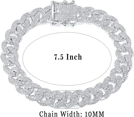 Gemsme 6/8/10/12MM Miami Cuban Link Bracelet for Men Women, 18K White Gold Plated Full Cubic Zirconia Iced Out Curb Chains Bling Hip Hop Link Bracelet Jewelry