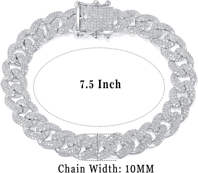 Gemsme 6/8/10/12MM Miami Cuban Link Bracelet for Men Women, 18K White Gold Plated Full Cubic Zirconia Iced Out Curb Chains Bling Hip Hop Link Bracelet Jewelry