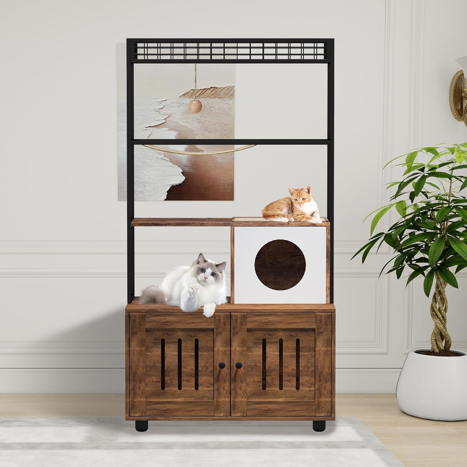 IDEALHOUSE 60 Cat Litter Box Furniture Cabinet with Condo Brown Cat House with Storage Shelf Sisal Hammock Hanging