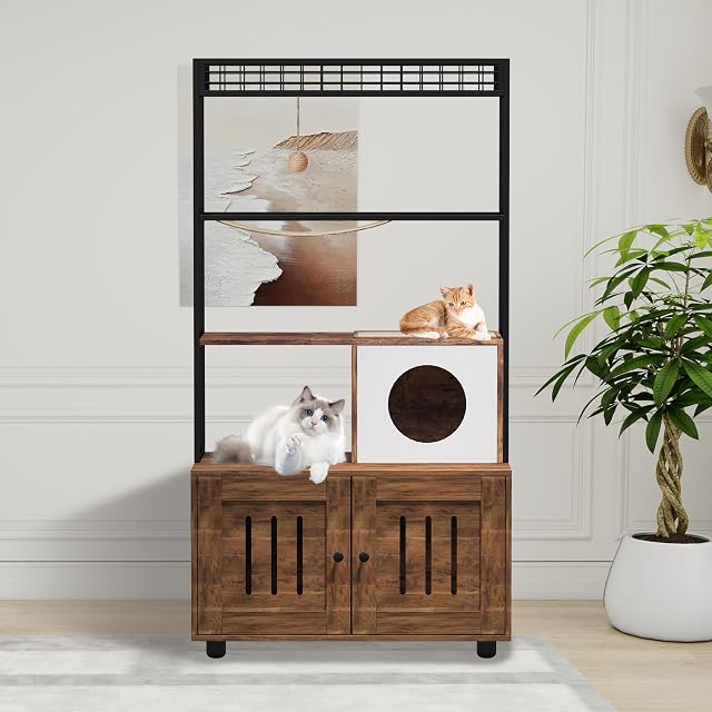 IDEALHOUSE 60 Cat Litter Box Furniture Cabinet with Condo Brown Cat House with Storage Shelf Sisal Hammock Hanging