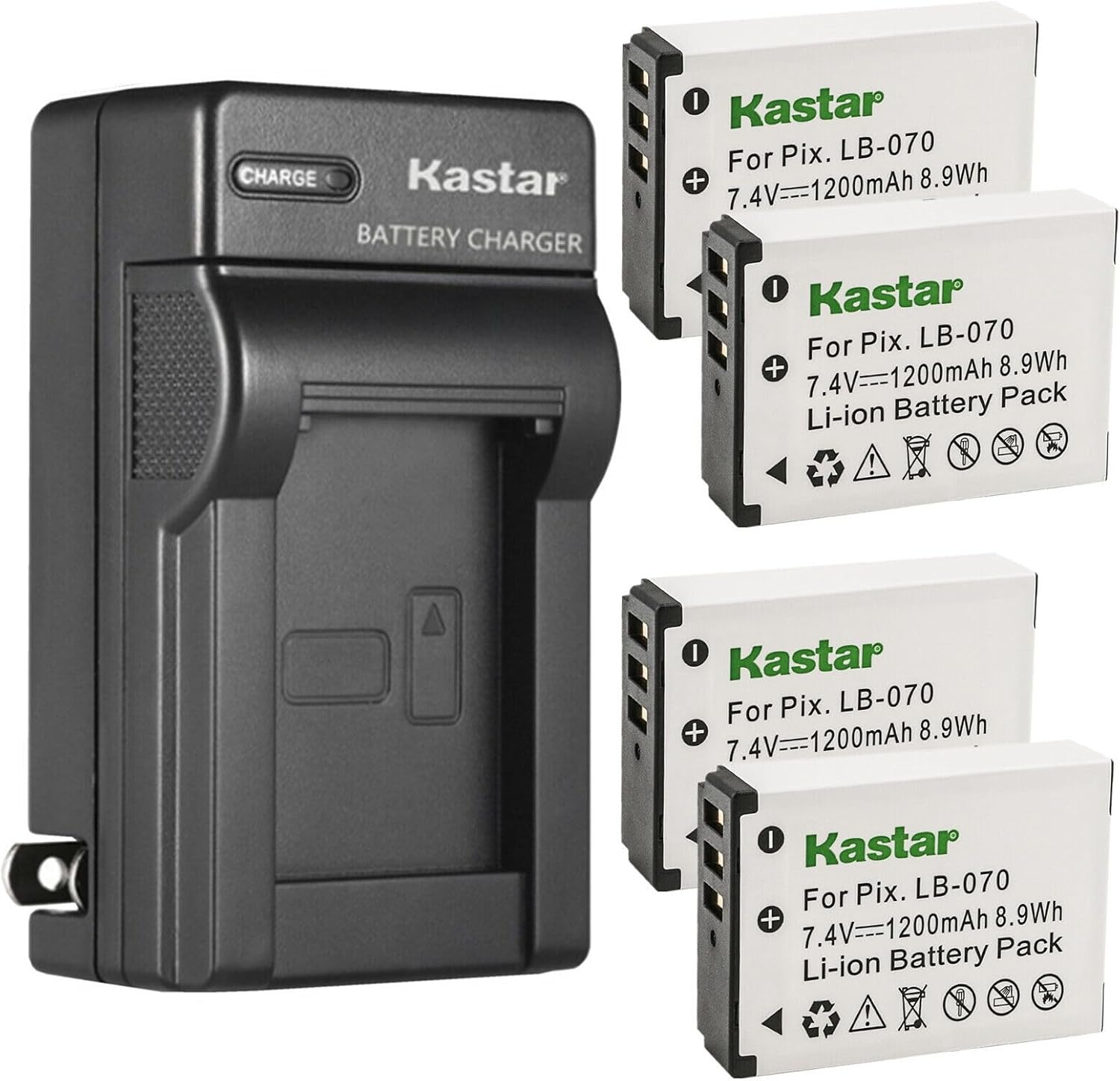 Kastar 4-Pack LB-070 Battery and AC Wall Charger Replacement for Kodak Pixpro AZ901, Kodak Pixpro AZ901 Astro Zoom, Kodak PIXPRO S1, Kodak PIXPRO S-1, MN67Z 20MP FHD, MN67Z-BK