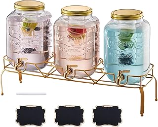 VEVOR Dispensador de Bebidas 8 L para Fiestas, Dispensador de Zumo de Cristal con Soporte de Metal, Grifo de Acero Inoxidable, Infusor, para Té Helado, Limonada y Zumo, 620 x 177 x 440 mm, 3 uds