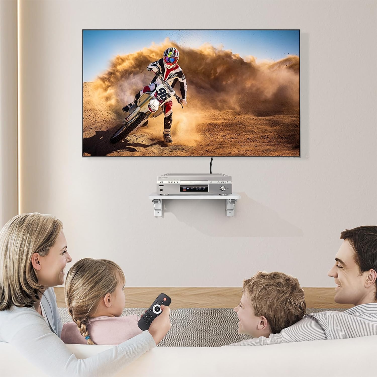 Homode Projector Shelf for Wall, Wood Folding Wall Mount Shelf, Holds Up to 30lbs, Floating Entertainment Shelves for DVD Players, Cable Boxes, Game Consoles, Living Room Decor Accessories, White