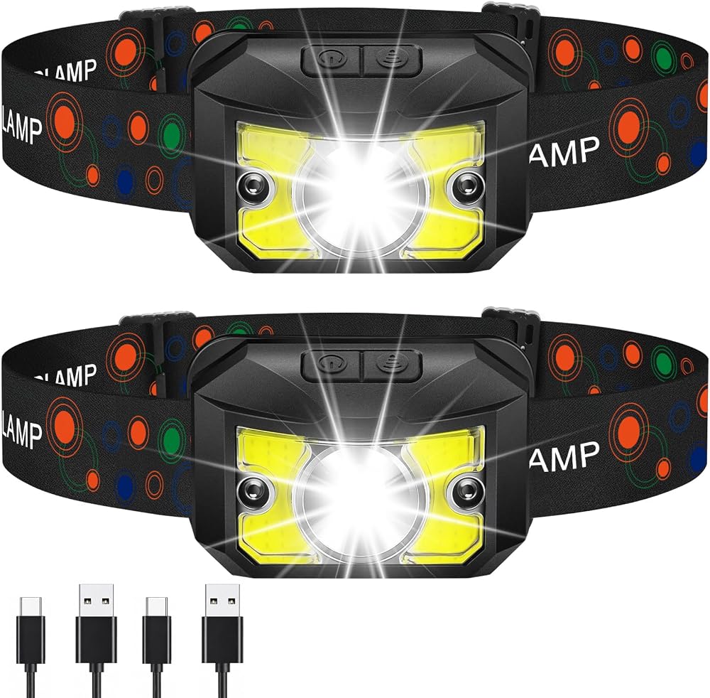 Paquete de 2 faros LED recargables, regalos de Navidad para hombres | Linterna frontal superbrillante con luces rojas, 8 modos y sensor de movimiento, resistente al agua IPX4 para acampar, cazar y correr