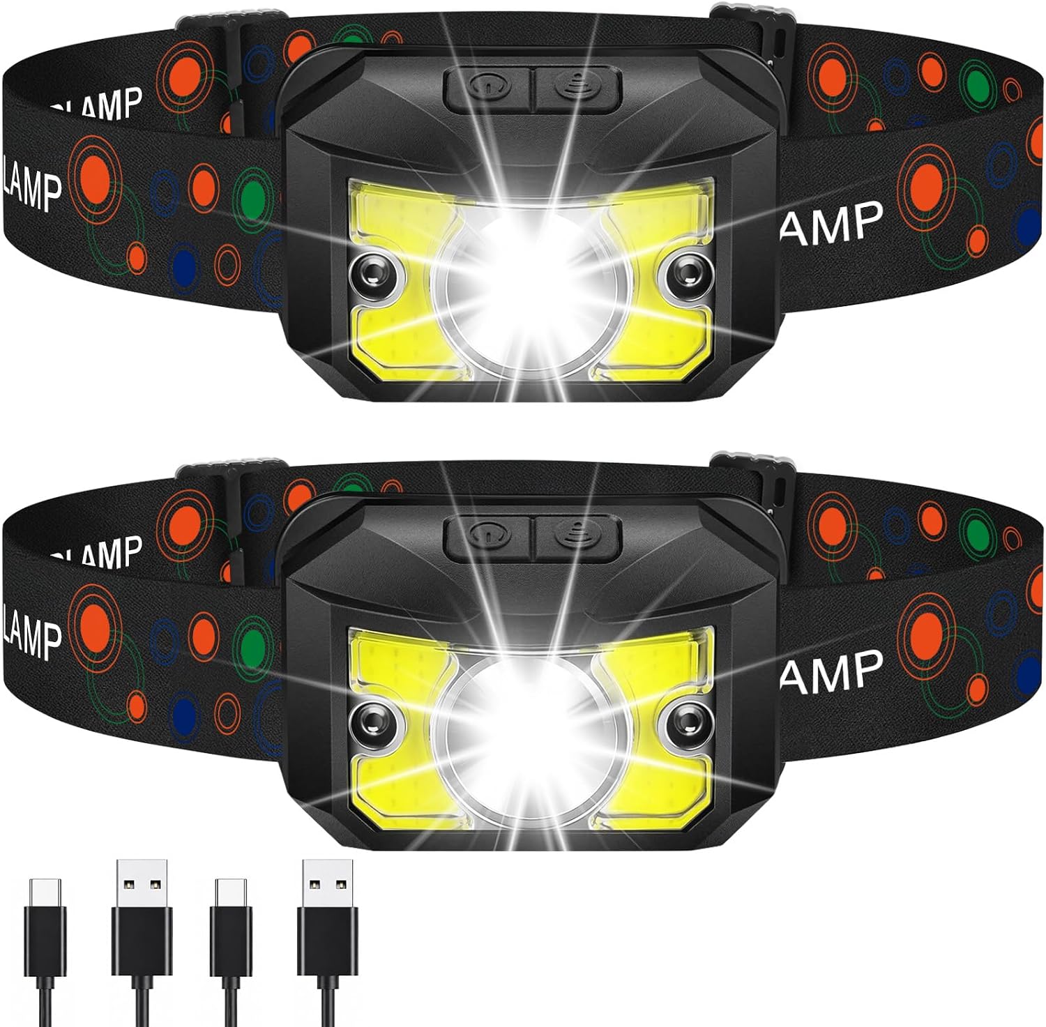 2 Pack LED Headlamp Rechargeable, Christmas Stocking Stuffers Gifts for Men | Super Bright Headlight Flashlight with Red Lights, 8 Modes & Motion Sensor,IPX4 Waterproof for Camping, Hunting, Running