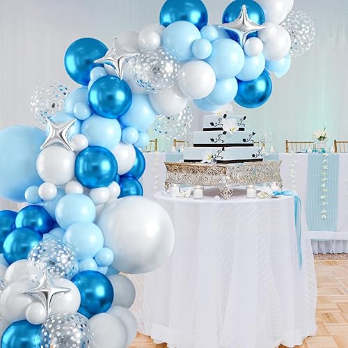 Miniatura 7 de Kit de arco de globos azules y plateados, kit de guirnalda de globos azules y blancos con globos de papel de aluminio, globos azules metálicos