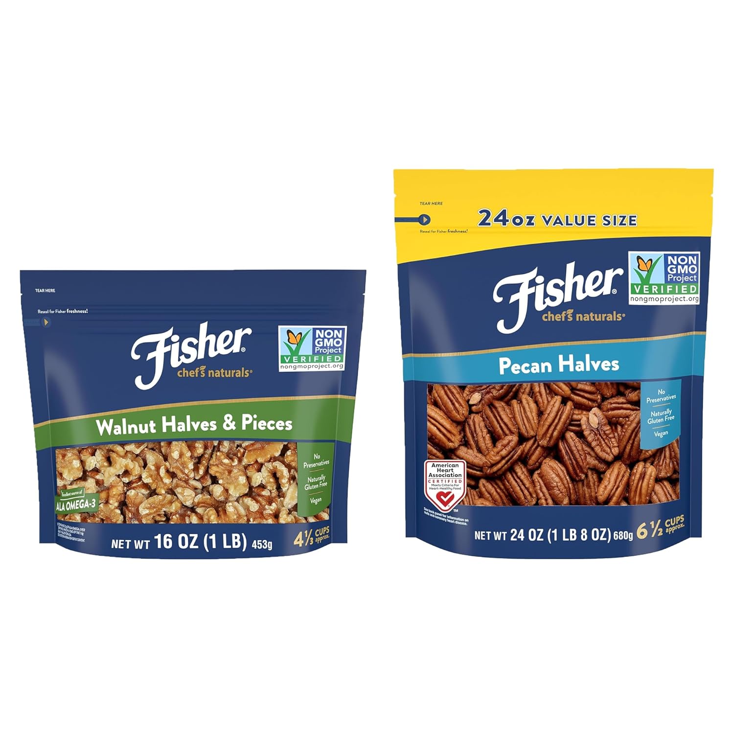 Fisher Chef's Naturals Walnut Halves & Pieces 1 lb + Fisher Chef's Naturals Pecan Halves 24oz (Pack of 1)